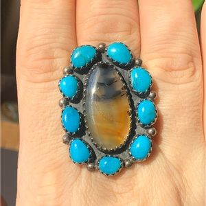 Turquoise & Agate Sterling Silver Adjustable ring